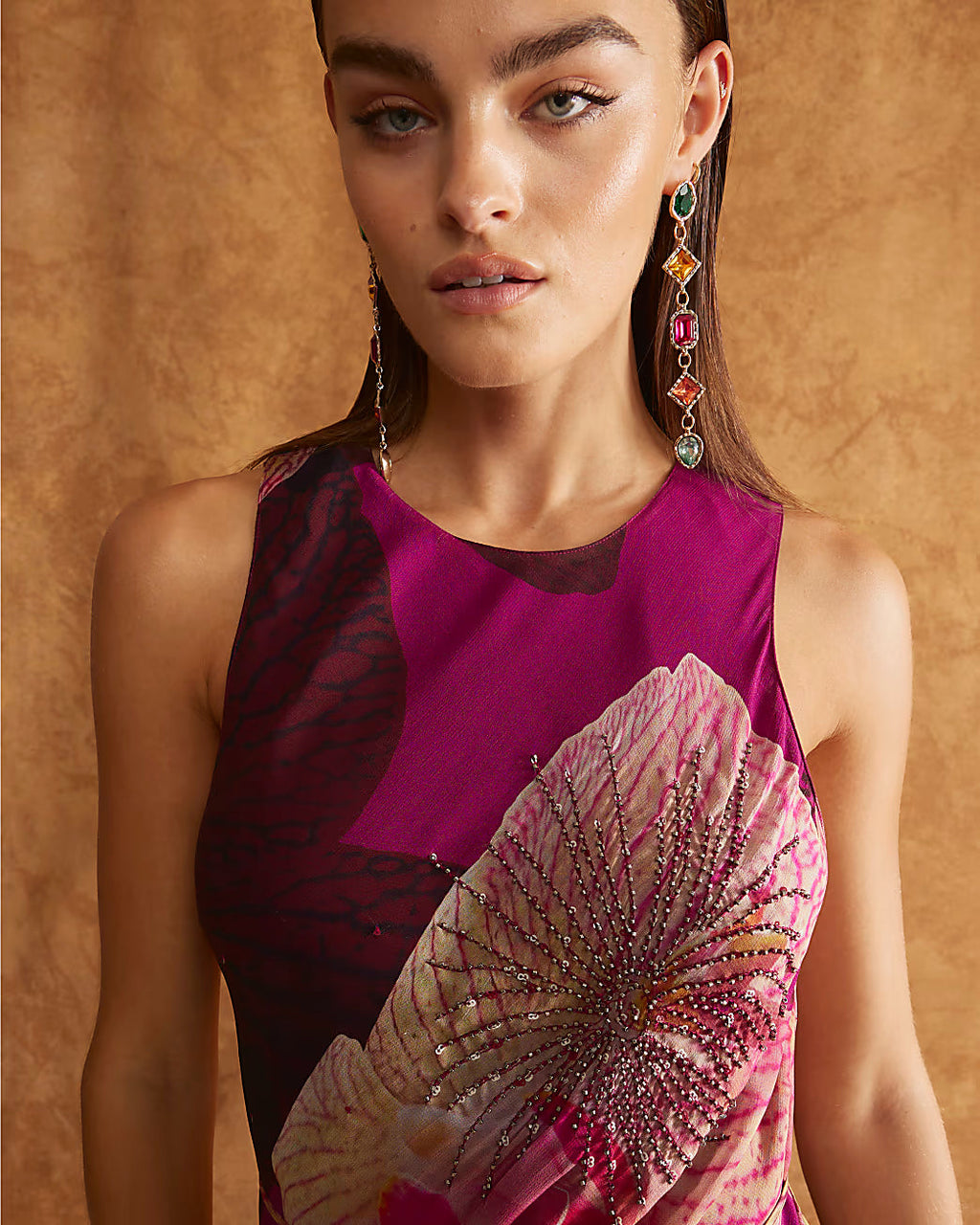 Red Embellished Floral Print Maxi Slip Dress