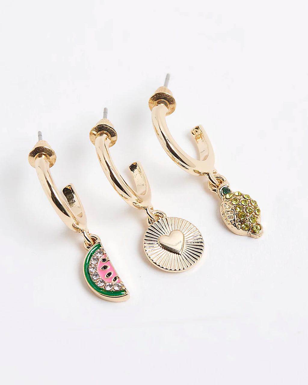 Gold 3 Pack Drop Hoop Fruit Earrings