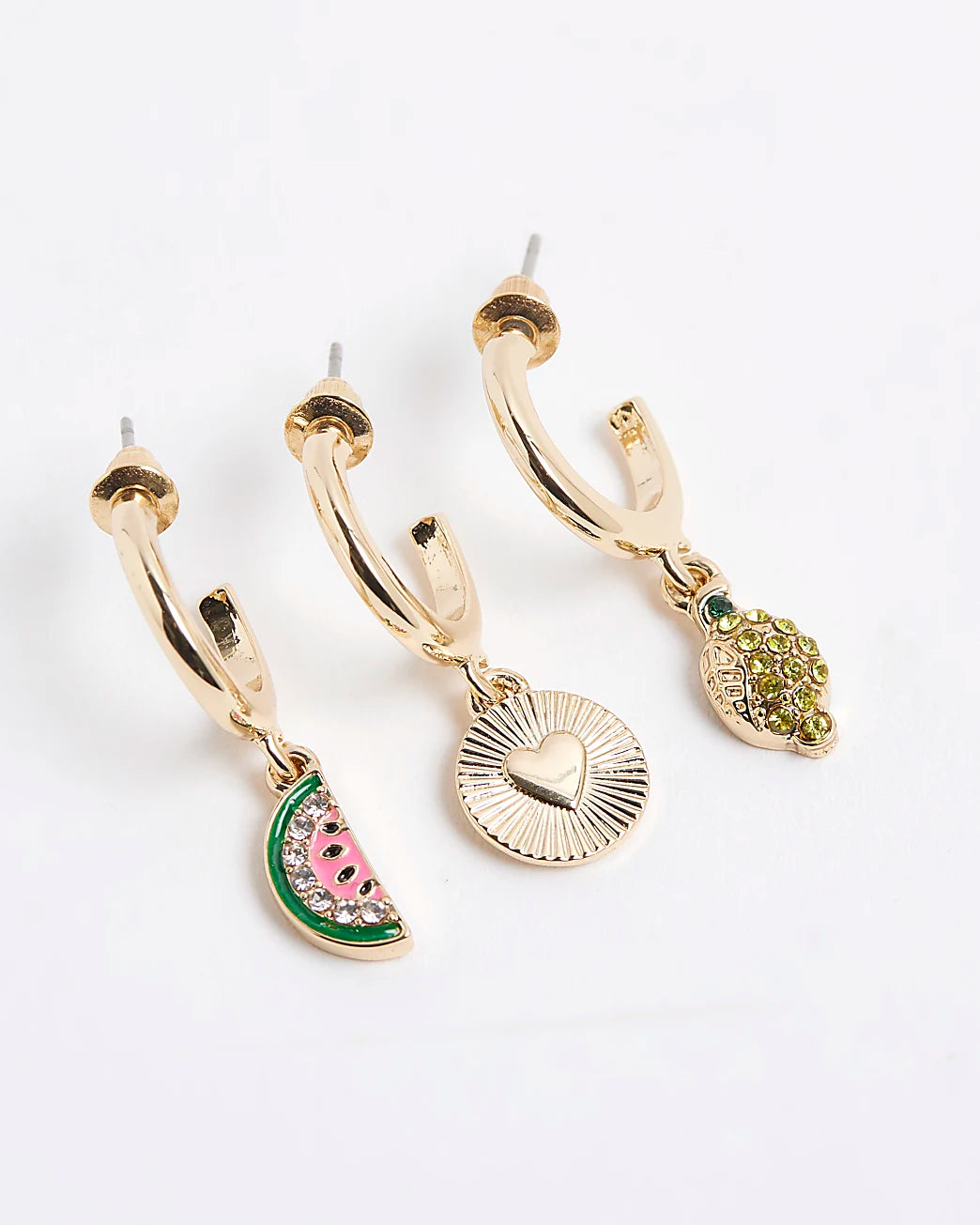 Gold 3 Pack Drop Hoop Fruit Earrings