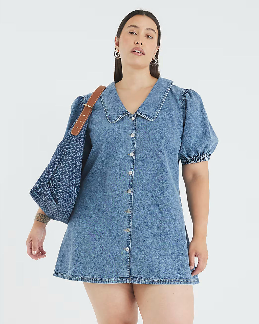 Blue Denim Short Sleeve Collared Shirt Dress