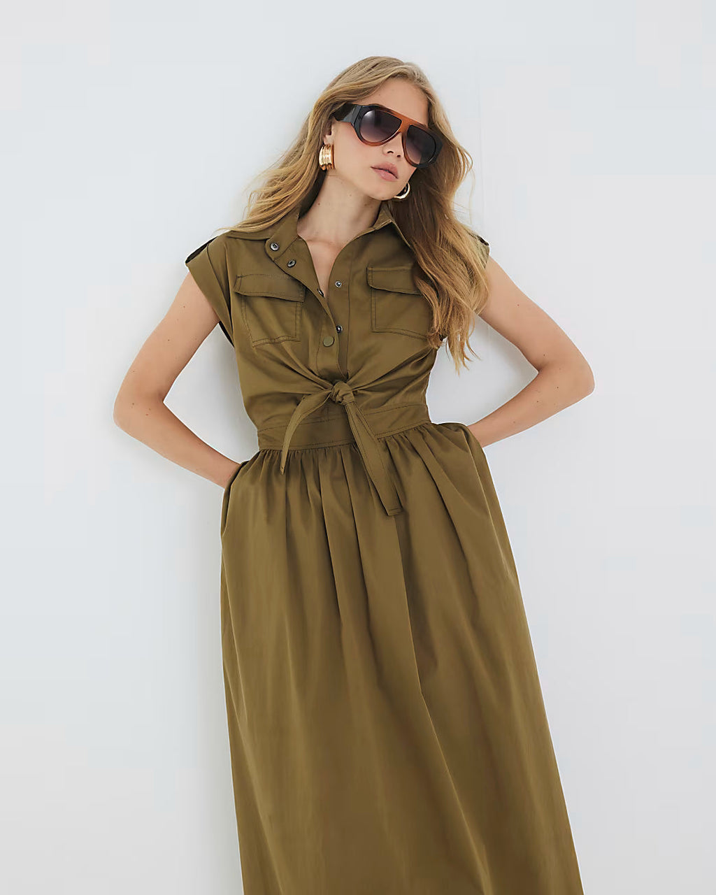 Khaki Utility Tie Front Midi Shirt Dress