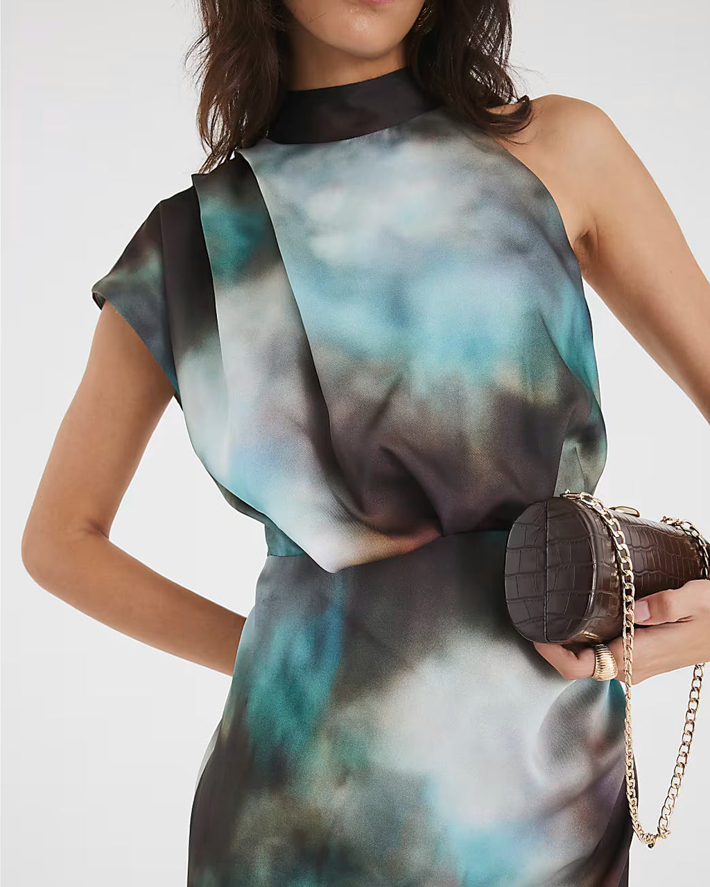 Green Satin Printed High Neck Midi Dress